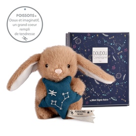 Histoire d'Ours tan bunny plush holding a teal star, shown with dark blue star-print gift box, Poissons zodiac edition