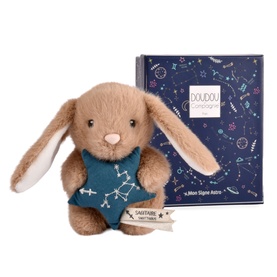 Histoire d'Ours small beige bunny plush wearing teal star bib, shown with dark navy gift box with gold star constellation print.