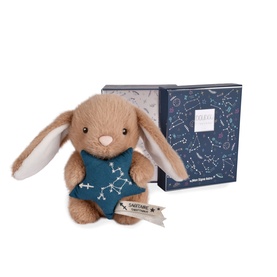 Histoire d'Ours tan plush bunny soft toy holding a teal star, shown with navy constellation-print gift box