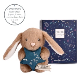 Histoire d'Ours Sagittaire plush bunny in beige with teal star outfit, shown with dark blue constellation gift box