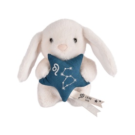 Histoire d'Ours small cream plush bunny holding a teal star-shaped cushion with Leo zodiac constellation embroidery