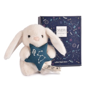 Histoire d'Ours cream plush bunny holding a teal star with zodiac constellation, shown with star-print gift box