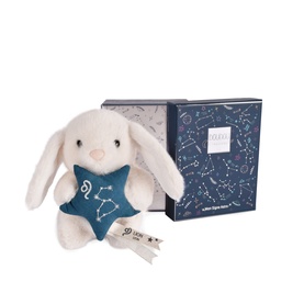 Histoire d'Ours white plush bunny holding a teal star with constellation motif, shown with navy star-patterned gift box