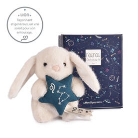 Histoire d'Ours cream plush bunny holding a teal star, with navy constellation-print gift box, Leo zodiac sign edition