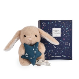 Histoire d'Ours small beige bunny plush holding a teal star, with navy zodiac-themed gift box featuring constellation print