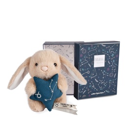 Histoire d'Ours cream plush bunny holding a teal star, shown with star constellation gift box