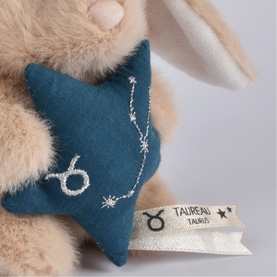 Histoire d'Ours Taurus zodiac plush accessory, teal star-shaped cushion with silver constellation embroidery and Taureau label