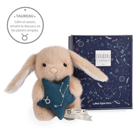 Histoire d'Ours Taurus star sign plush bunny in cream, holding teal star, shown with navy constellation gift box