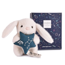 Histoire d'Ours cream plush bunny holding a teal Virgo star, shown with navy zodiac constellation gift box