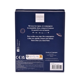 Histoire d'Ours plush toy in navy blue star-themed packaging, back view showing product details and compliance symbols.
