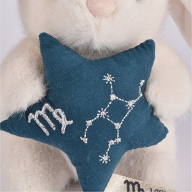 Histoire d'Ours cream plush teddy bear holding teal star cushion embroidered with Virgo constellation and zodiac symbol