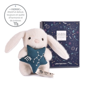 Histoire d'Ours cream plush bunny holding a teal star with Virgo constellation, shown with navy star-print gift box