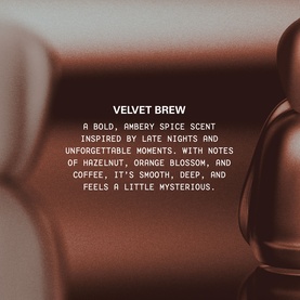 Kylie Fragrance Velvet Brew EDP, deep brown bottle with embossed cap, accompanied by fragrance notes description card