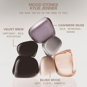 Kylie Fragrance Mood Stones EDP collection showing three solid parfum stones: Velvet Brew, Cashmere Muse, and Blush Wood