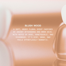 Kylie Fragrance Blush Wood EDP bottle in soft peach-pink tone, with scent description text overlay noting rose, honeysuckle, and cedarwood notes.