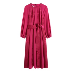 Hobbs topaz pink satin midi dress with long balloon sleeves, ruffled front detail, and self-tie waist belt