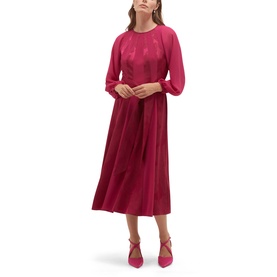 Model wearing Hobbs topaz pink midi dress with long sleeves, pleated skirt, and tie waist, styled with matching heels