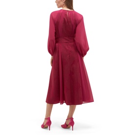 Model wearing Hobbs topaz pink midi dress with balloon sleeves and full skirt, styled with matching pink heeled sandals