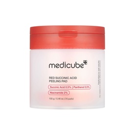Medicube Red Succinic Acid Peeling Pads in clear tub with red lid, containing 70 pads, 155g