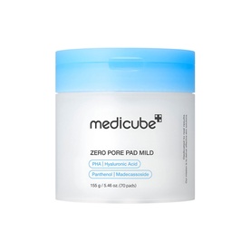 Medicube Zero Pore Pads Mild, white tub with blue lid, 75 exfoliating pads with Hyaluronic Acid and Panthenol