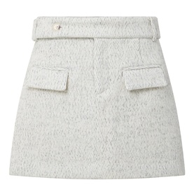 Odd Muse grey wool mini skirt with belted waist, two front patch pockets and textured boucle fabric, back view