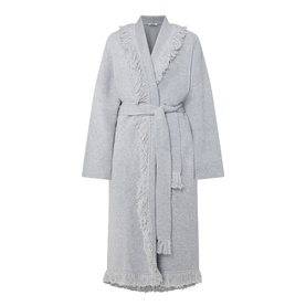 Odd Muse grey 100% wool belted robe coat with fringe trim detail along collar, cuffs and hem