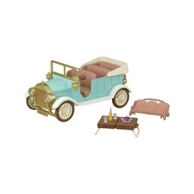 Sylvanian Families vintage-style pale blue toy car with gold detailing, pink interior, picnic table and accessories playset