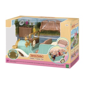 Sylvanian Families Classic Family Car toy in mint green with open-top seating, brown interior, and figurines, shown with packaging.