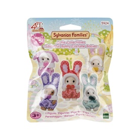 Sylvanian Families Collectible Bunny Babies blind bag, multi-coloured, featuring small flocked rabbit figures in pastel outfits, 40th anniversary