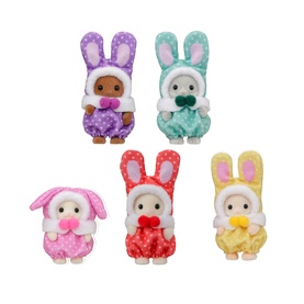 Sylvanian Families set of five miniature bunny figures in colourful pastel onesies including purple, teal, red, pink and yellow