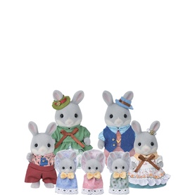 Sylvanian Families grey rabbit family set of six figures in colourful outfits including dungarees, dresses and waistcoats