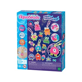 Aquabeads multi-coloured monster charm making set with 700+ beads, for ages 4+, shown with example keyrings
