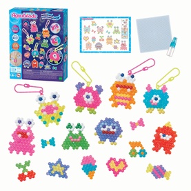 Aquabeads multi-coloured monster character bead craft set with keyring accessories, sticker sheet, and display tray