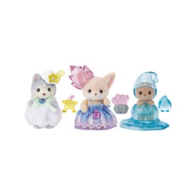 Sylvanian Families set of three dressed animal figures in fantasy costumes with crystal accessories, in multi-coloured blue, purple and white