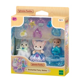 Sylvanian Families Enchanted Fairy Babies playset, three small animal figures in pastel fairy outfits with crystal accessories, multicoloured