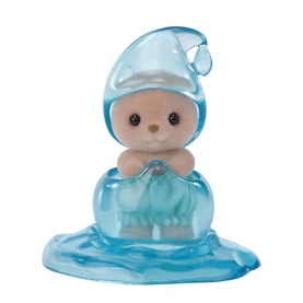 Sylvanian Families small bear figure in translucent blue raindrop outfit and hat, seated on blue puddle base