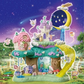 Sylvanian Families fairy castle playset with treehouse, slide, crescent moon tower, mini figures, and glowing star details in multi-colour