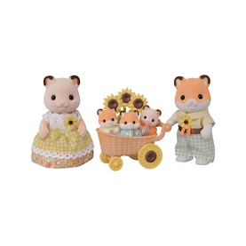 Sylvanian Families hamster family figures in floral outfits with sunflower pram and three baby figures, yellow and brown tones