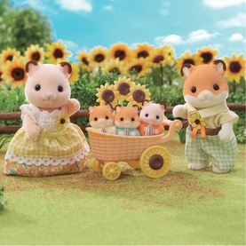 Sylvanian Families hamster family figures in sunflower outfits with baby triplets in wheeled pram, set against sunflower garden backdrop