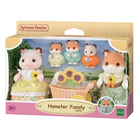 Sylvanian Families Hamster Family set with four flocked hamster figures in floral outfits, with sunflower picnic basket accessory