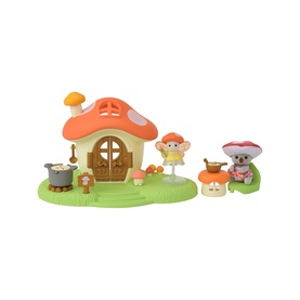 Sylvanian Families mushroom house playset with two animal figures, mini mushroom accessories, and cooking pot. Multicoloured.