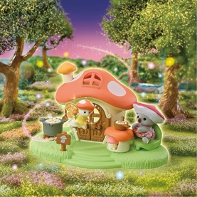 Sylvanian Families multicoloured mushroom house playset with two animal figures, picnic accessories, and enchanted forest backdrop