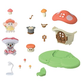 Sylvanian Families mushroom cottage playset with two mouse figures, accessories, and green base plate, in multi-coloured tones