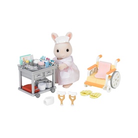 Sylvanian Families nurse rabbit figure playset with medical trolley, wheelchair, and accessories in multi-coloured detail