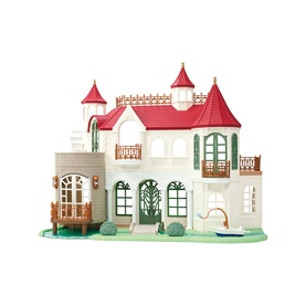 Sylvanian Families large dollhouse with red roof, twin turrets, green-trimmed windows, balconies, and attached stone tower extension