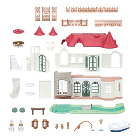 Sylvanian Families lakeside house playset with red roof, green windows, pool, boat, and accessories laid out flat.