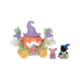 Sylvanian Families Halloween pumpkin carriage playset with purple witch hat towers, two mouse figures in costumes, in orange and pastel tones