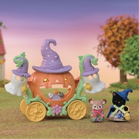 Sylvanian Families Halloween pumpkin carriage playset with ghost figures, witch hat details, and two small animal figures in costumes