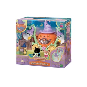 Sylvanian Families Pumpkin Carriage Playset in Halloween packaging with ghost and cat figures, orange pumpkin carriage, and spooky accessories