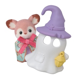 White ghost figure wearing purple witch hat with yellow lantern, paired with pink deer soft toy in teal outfit with pink bow